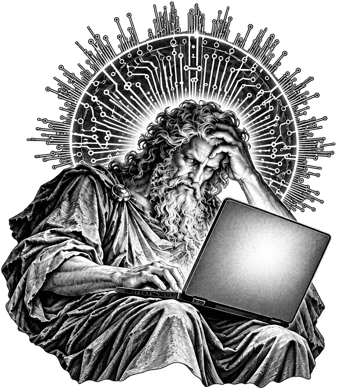 Engraving of a bearded patron in classical robes, head in hand, debugging at a laptop beneath a circuit-board halo