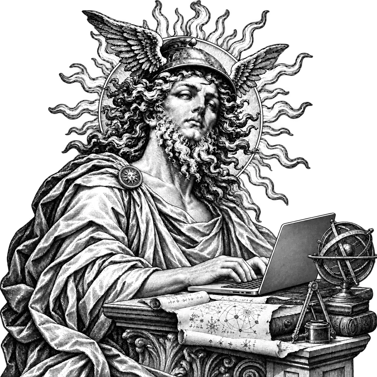 Engraving of a scholar in a winged helmet and sun halo, typing at a laptop on a carved lectern